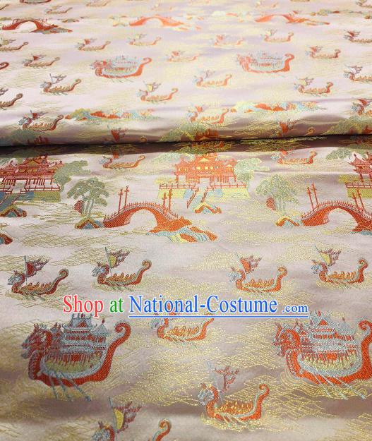 Asian Chinese Traditional Dragon Boat Pattern Design Champagne Brocade Fabric Cheongsam Silk Material