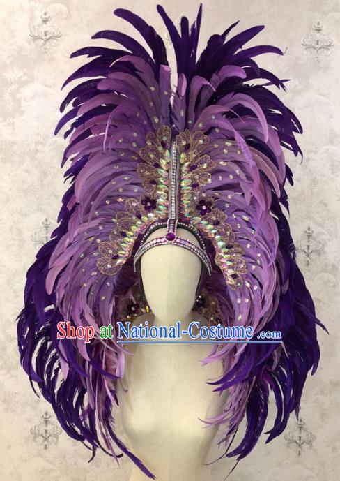 Customized Halloween Cosplay Purple Feather Hair Accessories Brazil Parade Samba Dance Giant Headpiece for Women