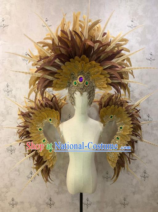 Customized Halloween Samba Dance Prop Brazil Parade Yellow Feather Wings Backboard and Headpiece for Women