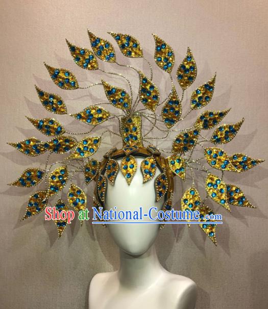 Customized Halloween Carnival Blue Crystal Hair Accessories Brazil Parade Samba Dance Giant Headpiece for Women