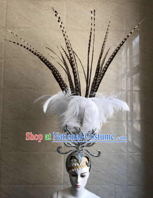 Customized Halloween Carnival White Feather Hair Accessories Brazil Parade Samba Dance Giant Headpiece for Women