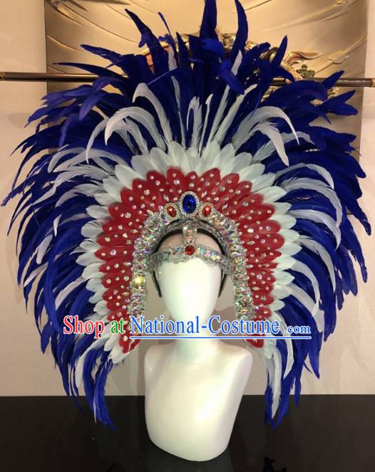 Customized Halloween Carnival Blue Feather Giant Hair Accessories Brazil Parade Samba Dance Headpiece for Women