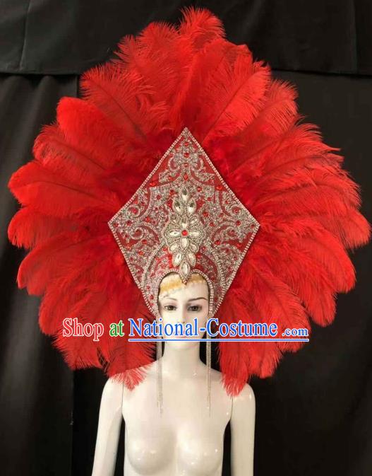 Customized Halloween Carnival Red Feather Giant Hair Accessories Brazil Parade Samba Dance Headpiece for Women