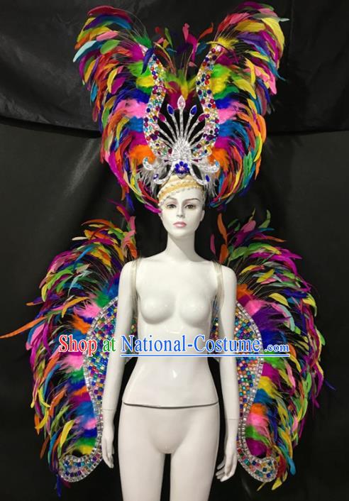 Customized Halloween Samba Dance Prop Brazil Parade Colorful Feather Wings Backboard and Headpiece for Women