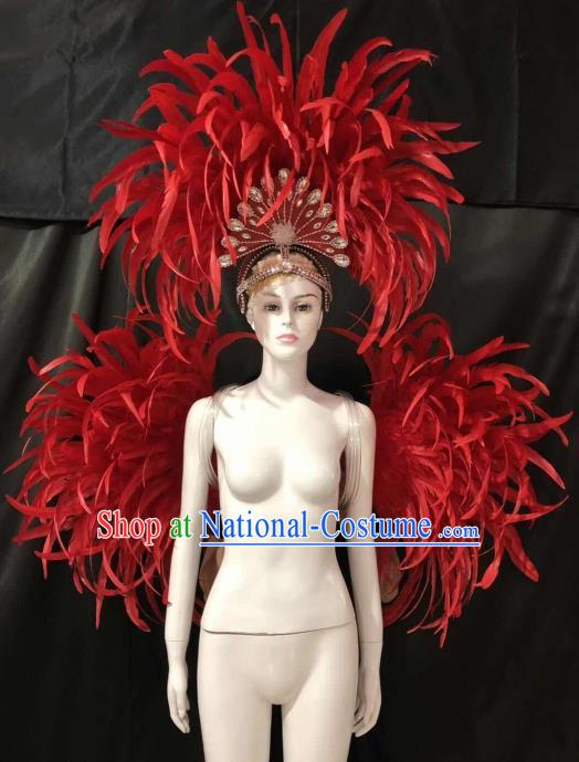 Customized Halloween Samba Dance Red Feather Props Brazil Parade Backboard and Giant Headpiece for Women