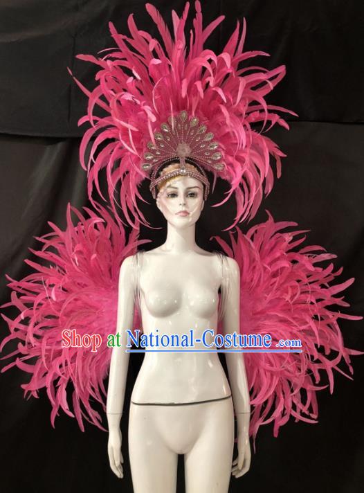 Customized Halloween Samba Dance Pink Feather Props Brazil Parade Backboard and Giant Headpiece for Women