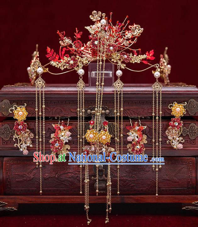 Top Chinese Traditional Bride Red Flowers Hair Crown Handmade Wedding Tassel Hairpins Hair Accessories Complete Set