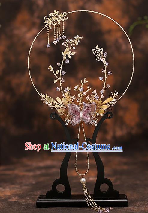 Chinese Traditional Wedding Pink Butterfly Fan Ancient Bride Palace Fans for Women