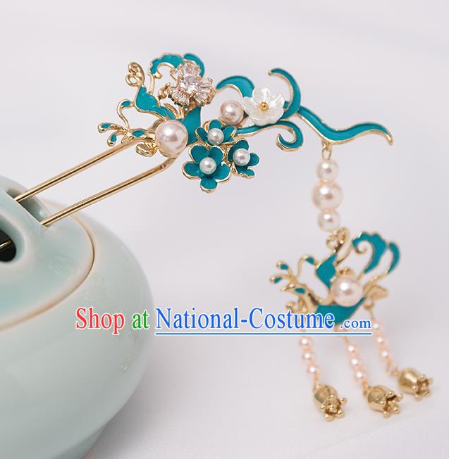 Top Chinese Traditional Blue Hair Clip Handmade Hanfu Tassel Hairpins Hair Accessories for Women