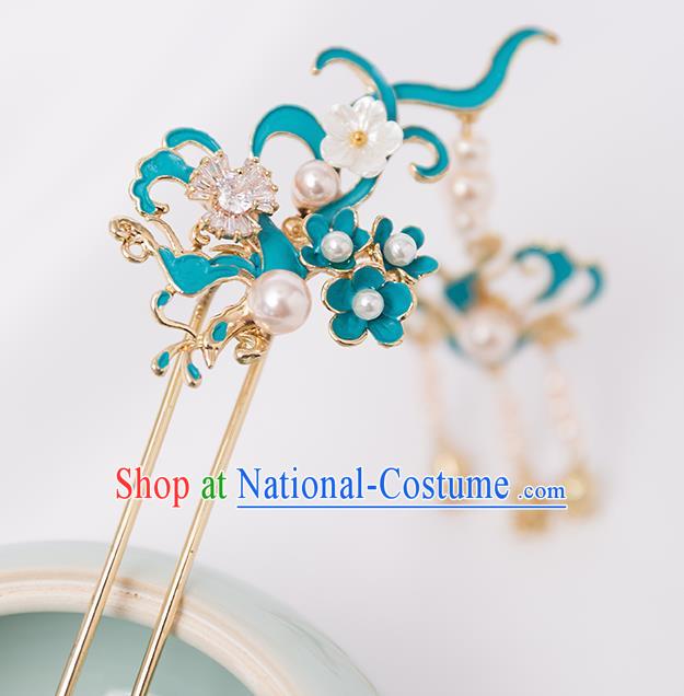 Top Chinese Traditional Blue Hair Clip Handmade Hanfu Tassel Hairpins Hair Accessories for Women