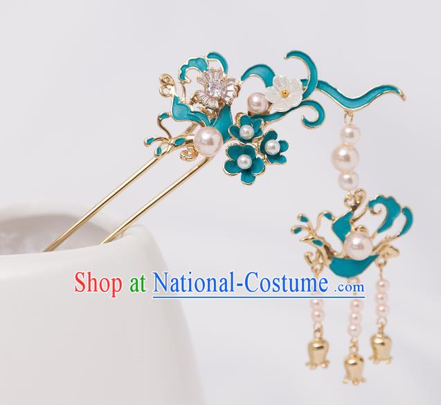 Top Chinese Traditional Blue Hair Clip Handmade Hanfu Tassel Hairpins Hair Accessories for Women