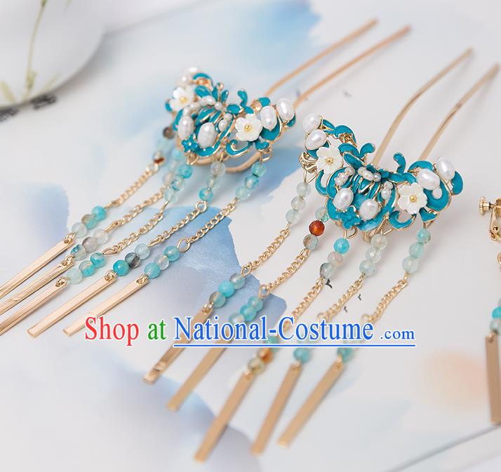 Top Chinese Traditional Pearls Blue Hair Clip Handmade Hanfu Hairpins Hair Accessories for Women