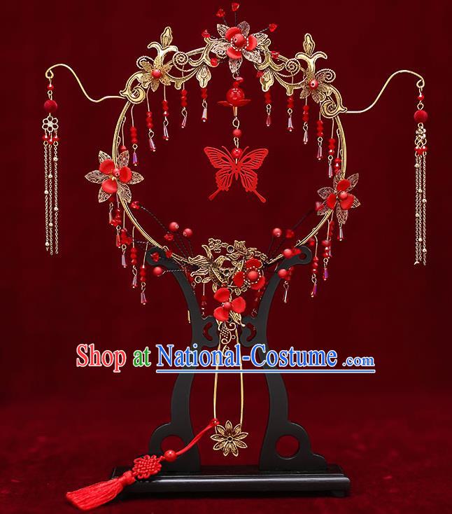 Chinese Traditional Wedding Red Butterfly Tassel Round Fan Ancient Bride Palace Fans for Women