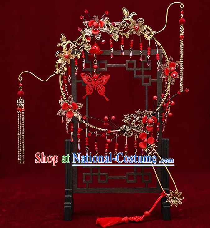 Chinese Traditional Wedding Red Butterfly Tassel Round Fan Ancient Bride Palace Fans for Women