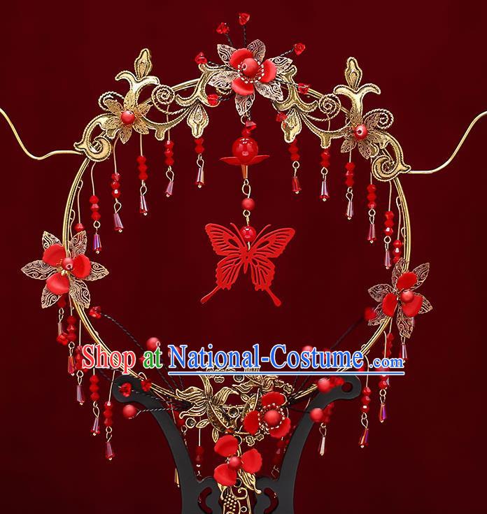 Chinese Traditional Wedding Red Butterfly Tassel Round Fan Ancient Bride Palace Fans for Women