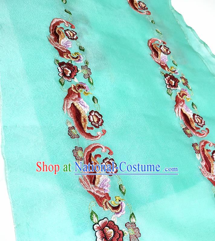 Asian Chinese Traditional Embroidered Phoenix Peony Pattern Design Green Silk Fabric China Hanfu Silk Material