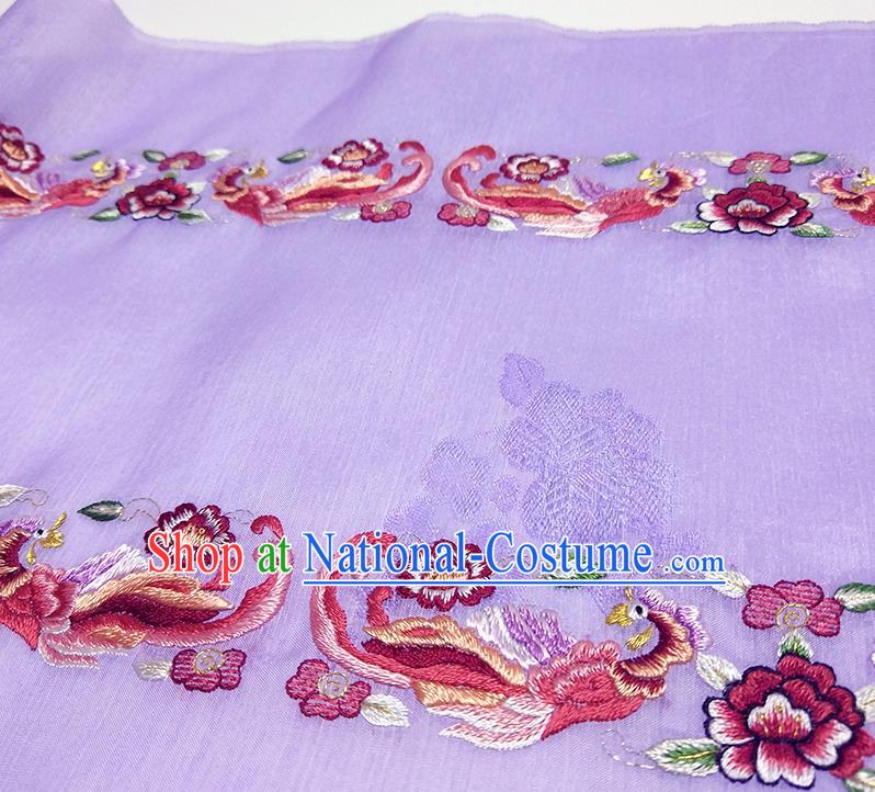 Asian Chinese Traditional Embroidered Phoenix Peony Pattern Design Purple Silk Fabric China Hanfu Silk Material