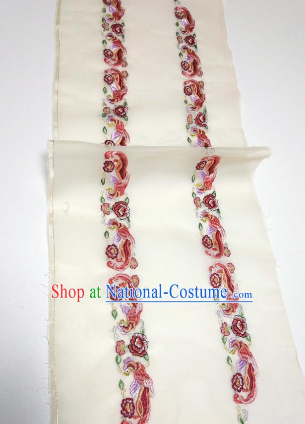 Asian Chinese Traditional Embroidered Phoenix Peony Pattern Design Beige Silk Fabric China Hanfu Silk Material