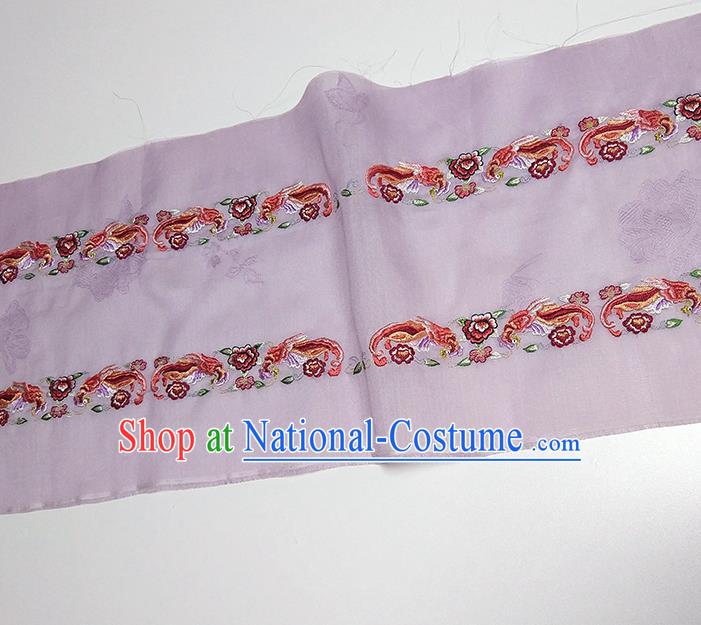 Asian Chinese Traditional Embroidered Phoenix Peony Pattern Design Lilac Silk Fabric China Hanfu Silk Material