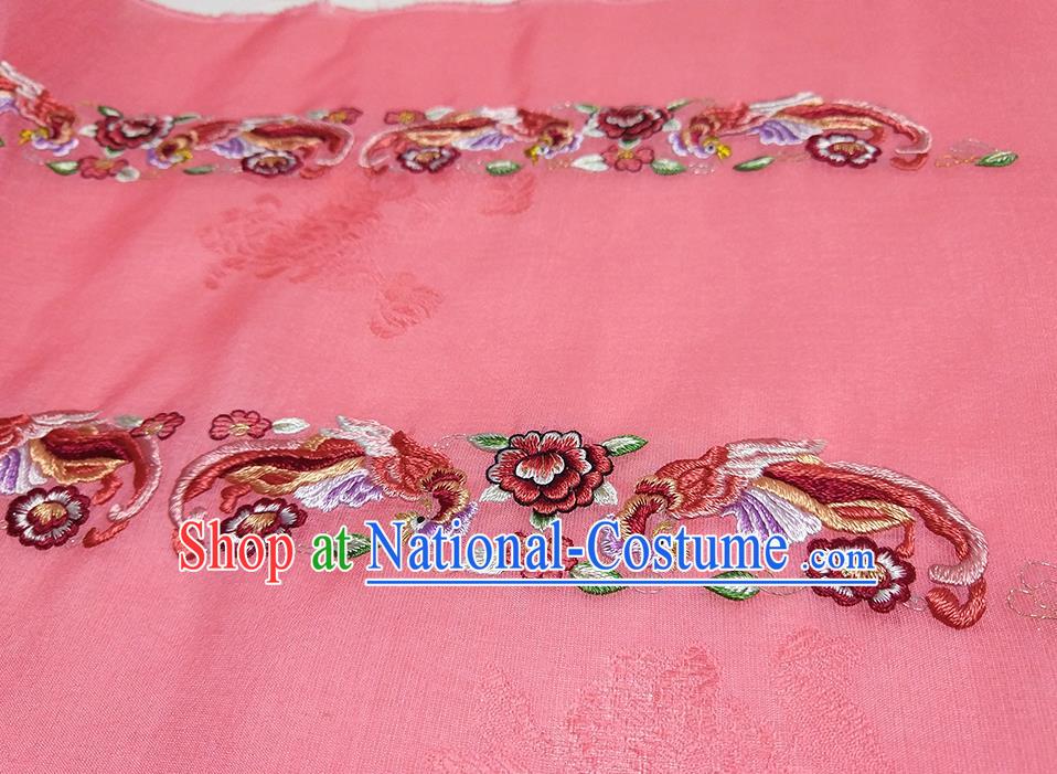 Asian Chinese Traditional Embroidered Phoenix Peony Pattern Design Peach Pink Silk Fabric China Hanfu Silk Material