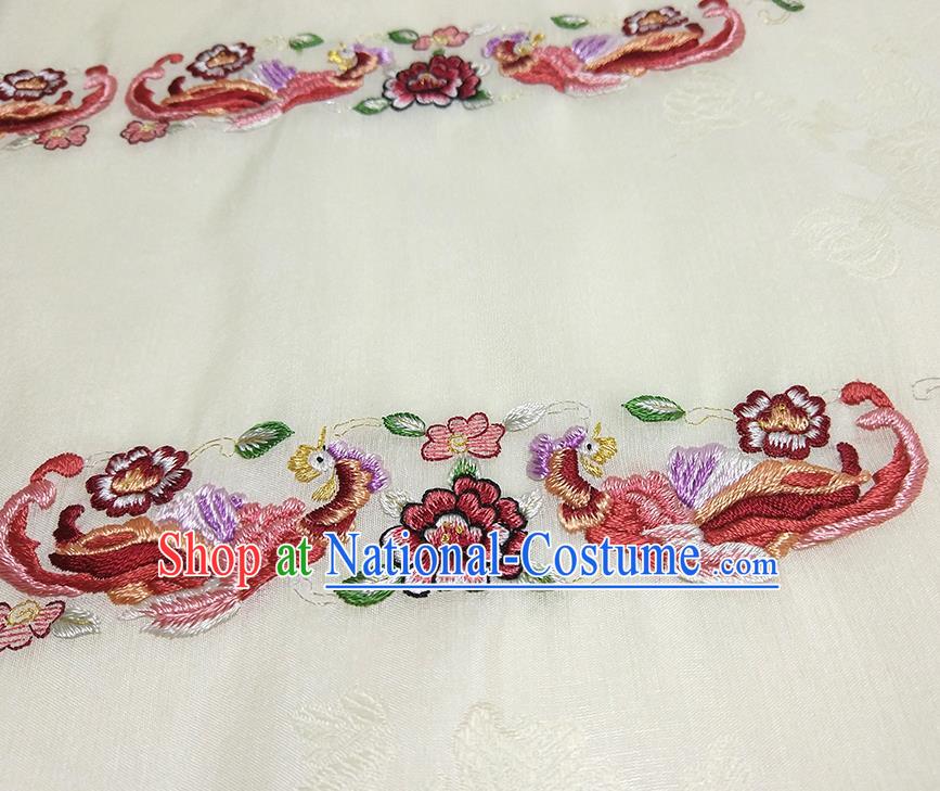 Asian Chinese Traditional Embroidered Phoenix Peony Pattern Design Light Yellow Silk Fabric China Hanfu Silk Material