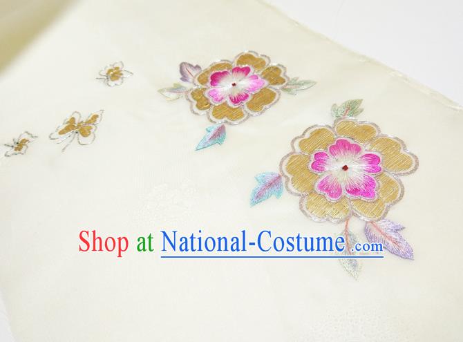 Asian Chinese Traditional Embroidered Flowers Pattern Design Beige Silk Fabric China Hanfu Silk Material