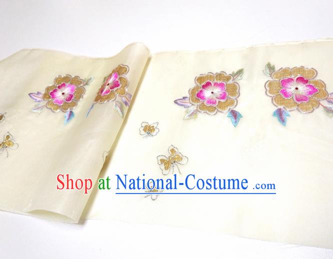 Asian Chinese Traditional Embroidered Flowers Pattern Design Beige Silk Fabric China Hanfu Silk Material