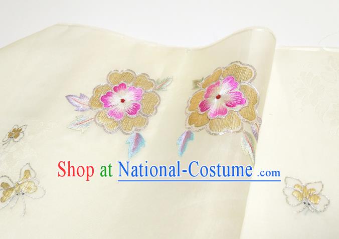 Asian Chinese Traditional Embroidered Flowers Pattern Design Beige Silk Fabric China Hanfu Silk Material