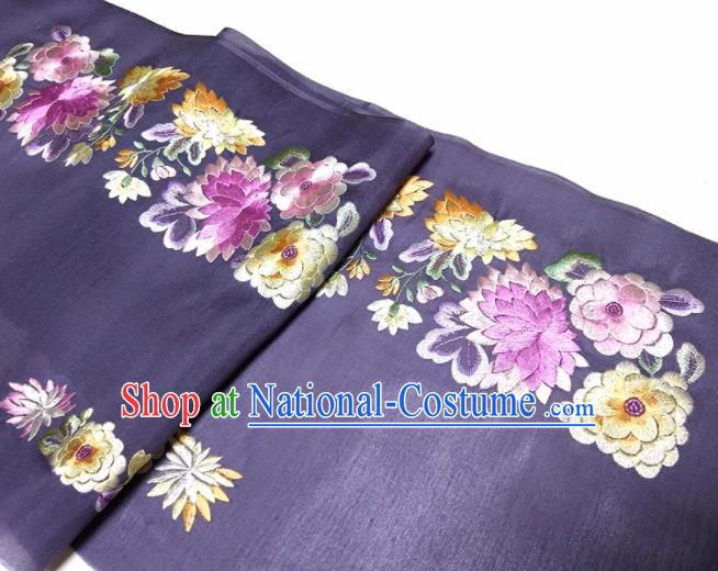 Asian Chinese Traditional Embroidered Chrysanthemum Peony Pattern Design Purple Silk Fabric China Hanfu Silk Material