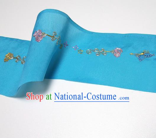 Asian Chinese Traditional Embroidered Butterfly Pattern Design Blue Silk Fabric China Hanfu Silk Material