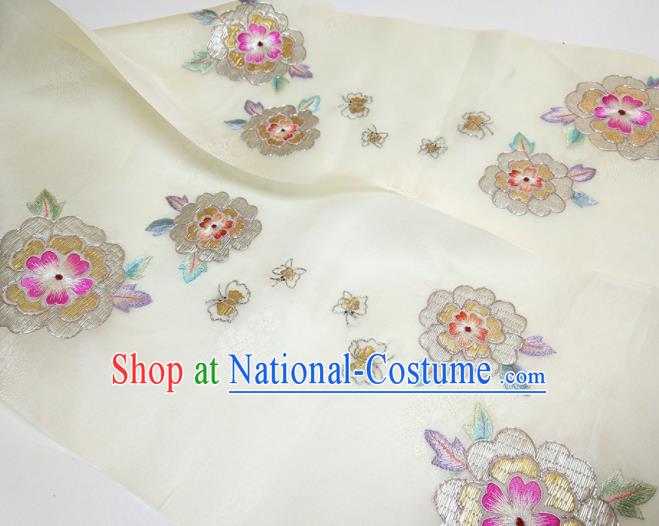 Asian Chinese Traditional Embroidered Camellia Pattern Design White Silk Fabric China Hanfu Silk Material