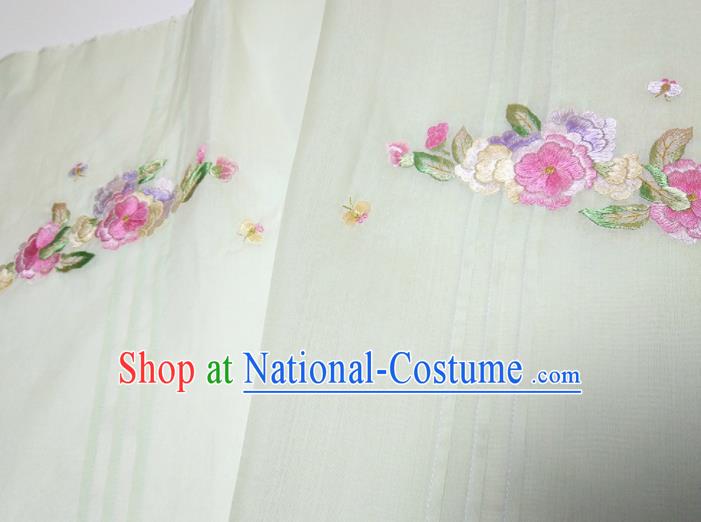 Asian Chinese Traditional Embroidered Camellia Pattern Design Light Green Silk Fabric China Hanfu Silk Material