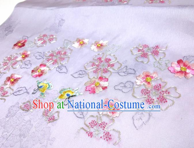 Asian Chinese Traditional Embroidered Flowers Butterfly Pattern Design Lilac Silk Fabric China Hanfu Silk Material