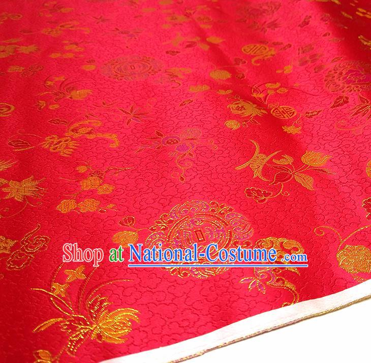 Asian Chinese Traditional Bamboo Peony Pattern Design Red Brocade Silk Fabric China Hanfu Satin Material