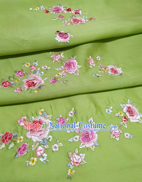 Chinese Traditional Embroidered Roses Pattern Design Green Silk Fabric Asian China Hanfu Silk Material