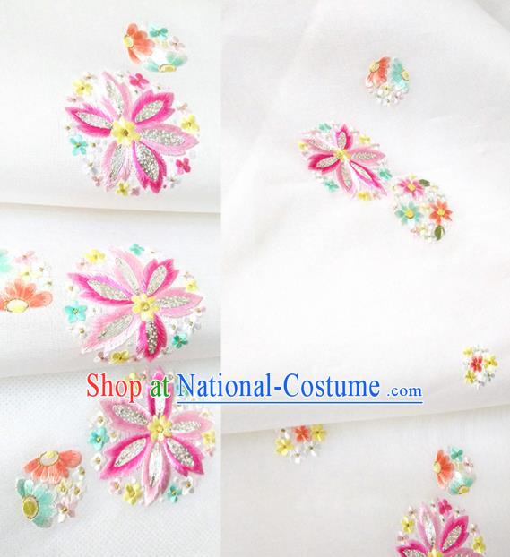 Chinese Traditional Embroidered Flowers Pattern Design White Silk Fabric Asian China Hanfu Silk Material