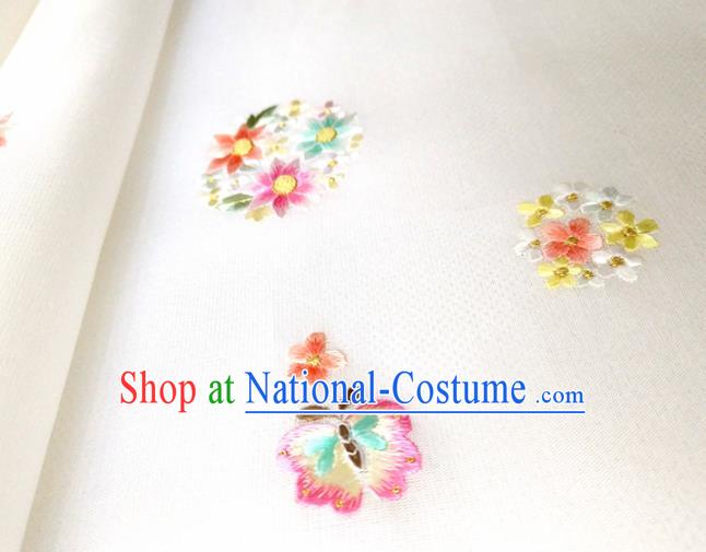 Chinese Traditional Embroidered Flowers Pattern Design White Silk Fabric Asian China Hanfu Silk Material