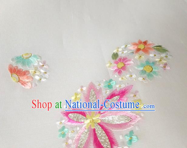 Chinese Traditional Embroidered Flowers Pattern Design White Silk Fabric Asian China Hanfu Silk Material