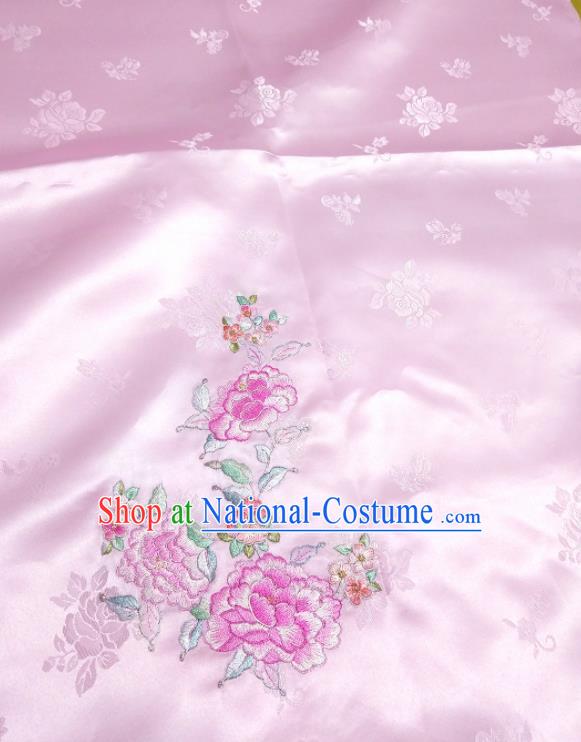 Chinese Traditional Embroidered Peony Pattern Design Pink Silk Fabric Asian Brocade China Hanfu Satin Material