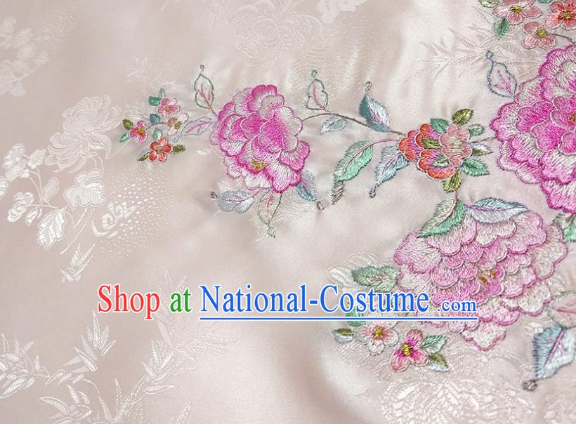 Chinese Traditional Embroidered Peony Pattern Design Light Pink Silk Fabric Asian Brocade China Hanfu Satin Material