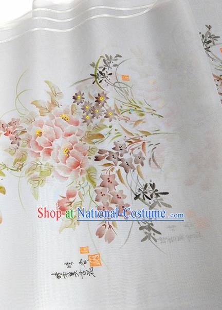 Chinese Traditional Printing Peony Orchid Pattern Design White Silk Fabric Asian China Hanfu Silk Material