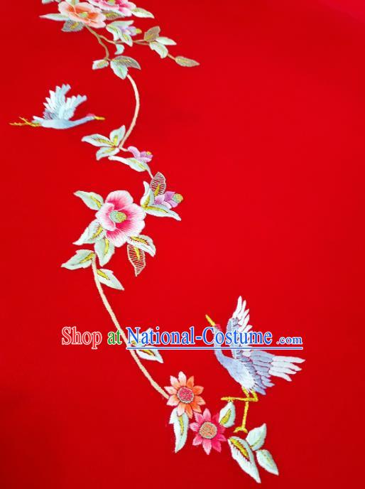 Chinese Traditional Embroidered Crane Flowers Pattern Design Red Silk Fabric Asian China Hanfu Silk Material