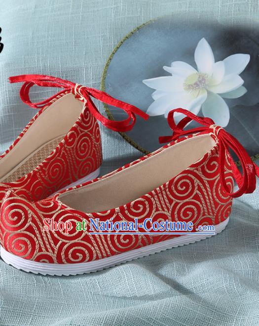 Chinese Handmade Red Brocade Bow Shoes Traditional Ming Dynasty Hanfu Shoes Princess Shoes for Women