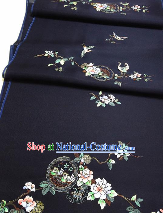 Chinese Traditional Crane Flowers Pattern Design Navy Silk Fabric Asian China Hanfu Silk Material