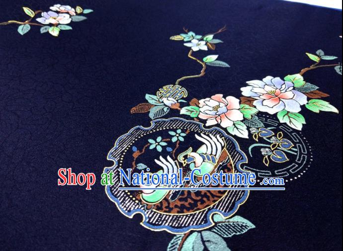 Chinese Traditional Crane Flowers Pattern Design Navy Silk Fabric Asian China Hanfu Silk Material