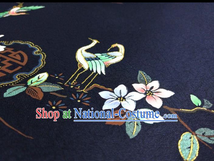 Chinese Traditional Crane Flowers Pattern Design Navy Silk Fabric Asian China Hanfu Silk Material