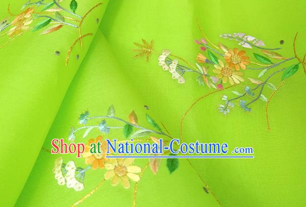 Chinese Traditional Embroidered Flowers Pattern Design Light Green Silk Fabric Asian China Hanfu Silk Material