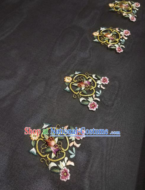 Chinese Traditional Embroidered Flowers Pattern Design Black Silk Fabric Asian China Hanfu Silk Material