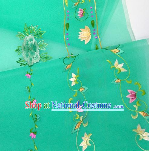 Chinese Traditional Embroidered Peony Pattern Design Green Silk Fabric Asian China Hanfu Silk Material