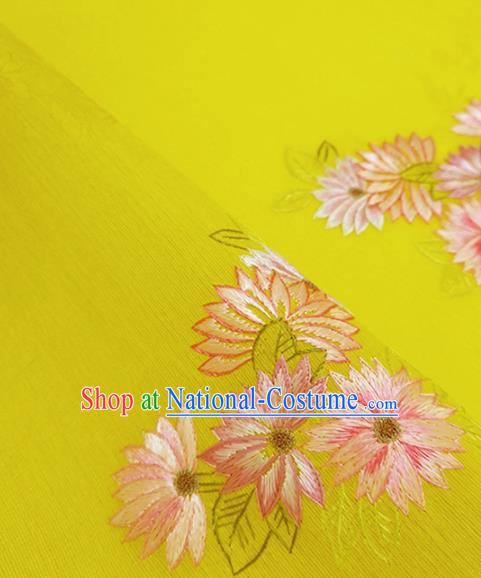 Chinese Traditional Embroidered Chrysanthemum Pattern Design Yellow Silk Fabric Asian China Hanfu Silk Material